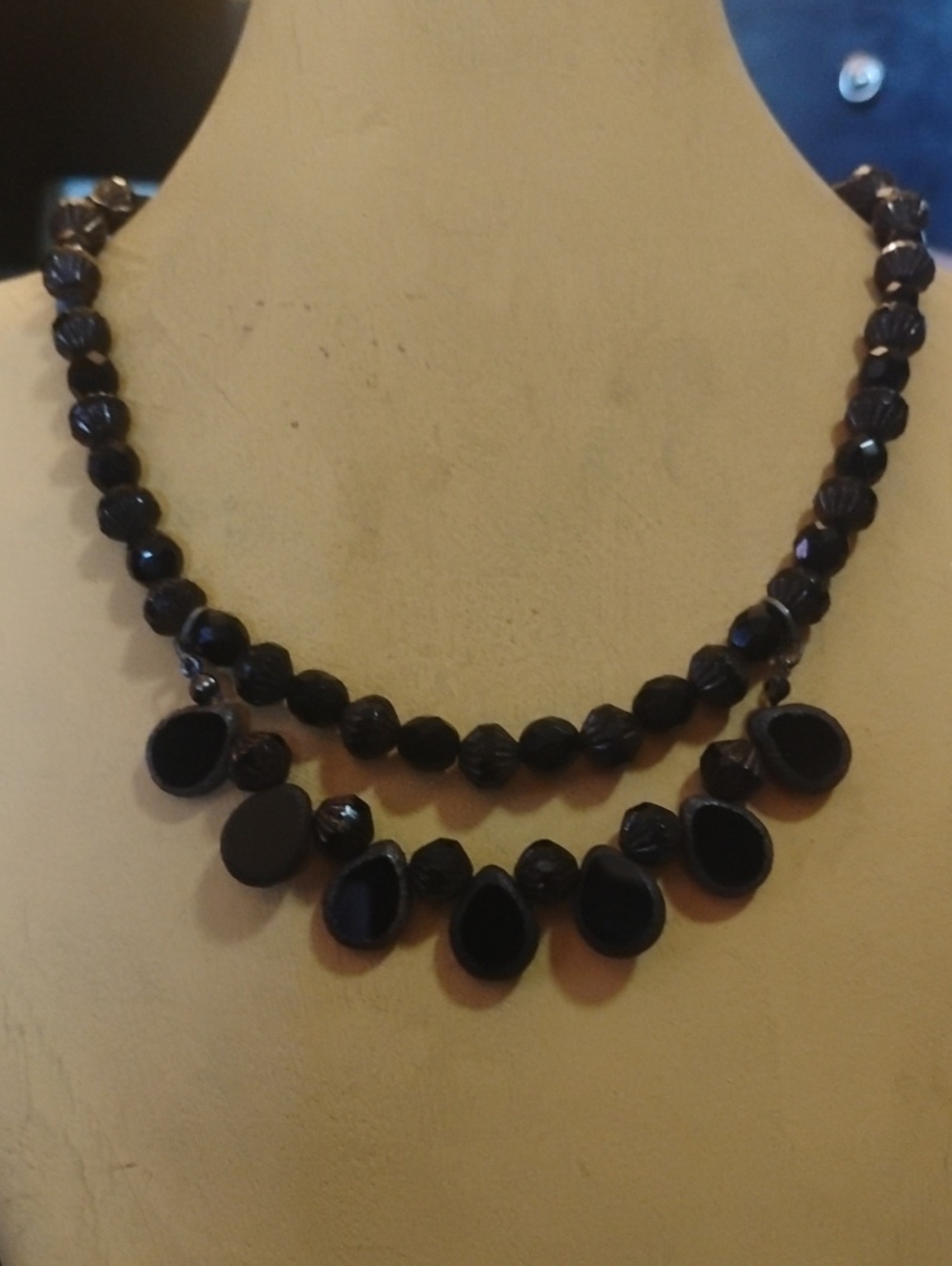 Handmade Czech Glass Double Strand Statement Necklace - Jet Black Teardrop